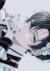 Rule 34 | 1boy, black hair, blue eyes, blue nails, closed mouth, ear piercing, earrings, fingernails, hair between eyes, highres, jewelry, light blush, light particles, looking at viewer, maid, maid headdress, male focus, multiple rings, nail polish, original, piercing, portrait, ring, short hair, signature, smile, solo, sosaku 25