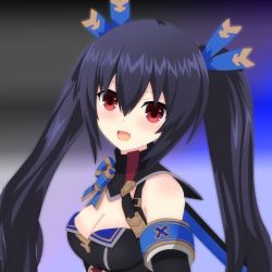 Rule 34 | bare shoulders, black hair, blue background, breasts, cleavage, dress, happy, highres, long hair, medium breasts, mirroa1015, neptune (series), noire (neptunia), open mouth, red eyes, ribbon, tsunder, twintails, upper body, very long hair, vvvtune