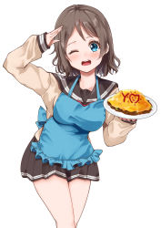 Rule 34 | 1girl, ;), absurdres, apron, aqua apron, aqua eyes, artist name, artist request, bare legs, blue eyes, blush, bow, bowtie, breasts, brown hair, buttons, collarbone, collared shirt, female focus, grey hair, grey sailor collar, grey skirt, hair between eyes, highres, holding, holding plate, light brown hair, long sleeves, looking at viewer, love live!, love live! sunshine!!, medium breasts, miniskirt, one eye closed, parted lips, plaid, plaid skirt, plate, pleated, pleated skirt, red bow, red bowtie, sailor collar, salute, school uniform, shirt, short hair, skirt, smile, solo, uranohoshi school uniform, watanabe you, white background, white shirt, yellow buttons
