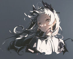 Rule 34 | 1girl, arknights, character name, closed mouth, cropped torso, earrings, expressionless, grey background, grey eyes, grey hair, head wings, highres, irene (arknights), jewelry, long hair, looking away, looking to the side, openvl, portrait, scar, scar across eye, scar on face, simple background, solo, wings