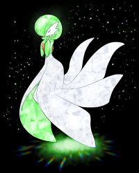 Rule 34 | 1girl, black background, bob cut, closed eyes, colored skin, creatures (company), female focus, flat chest, floating, game freak, gardevoir, gen 3 pokemon, glowing, grass, green hair, green skin, hair over one eye, hands on own chest, hands up, highres, light particles, muguet, multicolored skin, nintendo, one eye covered, pokemon, pokemon (creature), short hair, solo, standing, two-tone skin, u u, white skin