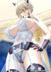 Rule 34 | 1girl, artoria pendragon (fate), artoria pendragon (lancer alter) (fate), artoria pendragon (lancer alter) (royal icing) (fate), babydoll, bare shoulders, black gloves, black thighhighs, blonde hair, blue babydoll, blush, braid, breasts, choker, cleavage, fate/grand order, fate (series), french braid, garter belt, gloves, hair between eyes, hellandheaven, highres, horns, large breasts, long hair, looking at viewer, official alternate costume, open mouth, pelvic curtain, see-through, sideboob, sidelocks, snowflake print, solo, thighhighs, thighs, yellow eyes