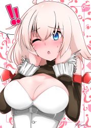 Rule 34 | !, !!, 1girl, :o, ?, ahoge, azur lane, blonde hair, blue eyes, blush, breasts, chiru (218mg), cleavage, cleavage cutout, clothing cutout, commentary request, dated, detached sleeves, hands on own cheeks, hands on own face, highres, large breasts, nose blush, oklahoma (azur lane), one eye closed, short hair, solo, upper body