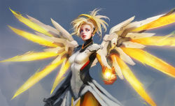 Rule 34 | 1girl, armor, blonde hair, blue eyes, bodysuit, breastplate, eyeshadow, halo, lips, makeup, mechanical halo, mechanical wings, mercy (overwatch), muju, nose, outstretched hand, overwatch, overwatch 1, pantyhose, power suit, solo, spread wings, unfinished, wings, yellow wings