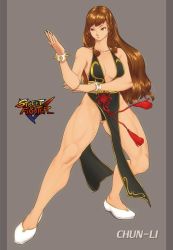 Rule 34 | 1girl, alternate costume, artist request, biceps, bracelet, braid, breasts, brown hair, capcom, chun-li, cleavage, eyeshadow, jewelry, maedeup, makeup, muscular, pelvic curtain, shoes, side braids, smile, solo, spiked bracelet, spikes, street fighter, street fighter v, thick thighs, thighs, white footwear