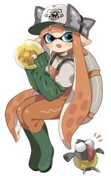 Rule 34 | 1girl, bad id, bad twitter id, baseball cap, blunt bangs, boots, bulging eyes, commentary, gloves, golden egg, green eyes, green footwear, green gloves, green hat, hat, inkling, inkling girl, inkling player character, invisible chair, lifebuoy, long hair, long sleeves, looking at viewer, maco spl, nintendo, notice lines, open mouth, orange hair, orange overalls, overalls, pointy ears, print headwear, rubber boots, rubber gloves, salmon run (splatoon), salmonid, shirt, sitting, smallfry (splatoon), smile, solo, splatoon (series), splatoon 2, swim ring, tentacle hair, white shirt
