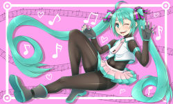 Rule 34 | 1girl, ahoge, bodystocking, bodysuit, fingerless gloves, gloves, green eyes, green hair, hatsune miku, j (shining-next), long hair, matching hair/eyes, midriff, musical note, necktie, one eye closed, pantyhose, shiny clothes, skirt, solo, thighband pantyhose, twintails, very long hair, vocaloid, wink