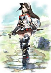 Rule 34 | 1girl, agnes oblige, alternate costume, armor, artist request, black eyes, bravely default: flying fairy, bravely default (series), brown hair, carrying, full body, gloves, long hair, outdoors, puffy pants, shield, solo, standing, sword, trail, weapon