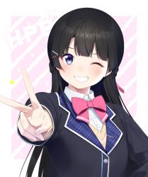 Rule 34 | 1girl, black hair, black jacket, blazer, blue eyes, blunt bangs, blush, bow, bowtie, commentary, grin, hair ornament, hairclip, happy birthday, highres, jacket, long hair, long sleeves, looking at viewer, nezumidoshi, nijisanji, one eye closed, pink background, pink bow, pink bowtie, school uniform, simple background, smile, solo, striped, striped background, tsukino mito, tsukino mito (1st costume), upper body, v, virtual youtuber