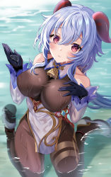 Rule 34 | 1girl, ahoge, bare shoulders, bell, black gloves, blue hair, blush, bodystocking, breasts, brown pantyhose, detached sleeves, dress, elbow gloves, ganyu (genshin impact), genshin impact, gloves, hair between eyes, harimoji, highres, horns, large breasts, long hair, looking at viewer, pantyhose, parted lips, partially submerged, purple eyes, solo, thighs, very long hair, wading, wet, wet clothes, white dress