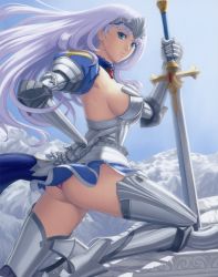 Rule 34 | 10s, 1girl, absurdres, annelotte, annelotte (queen's blade), armor, armored dress, ass, blue eyes, boots, breasts, cover, day, dvd cover, eiwa, gauntlets, greaves, hand on own hip, high heels, highres, hip focus, knight princess annelotte, large breasts, leg up, legs, long hair, long legs, looking at viewer, miniskirt, outdoors, panties, pantyshot, pink panties, purple hair, queen&#039;s blade, queen&#039;s blade rebellion, scan, shoes, sideboob, skirt, sky, solo, sword, thigh boots, thighhighs, thighs, underwear, upskirt, weapon