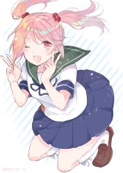 Rule 34 | 1girl, badge, blue sailor collar, blue skirt, brown footwear, commentary request, full body, hair bobbles, hair ornament, kantai collection, kneehighs, kneeling, loafers, long hair, looking at viewer, one-hour drawing challenge, pink eyes, pink hair, pleated skirt, saiki yuzuri, sailor collar, sazanami (kancolle), school uniform, serafuku, shoes, skirt, socks, solo, striped, striped background, twintails, white background, white socks