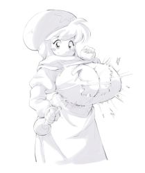 Rule 34 | 1girl, blush stickers, breast expansion, breasts, cleavage, female focus, hat, huge breasts, monochrome, potion, robe, sakana888888888, simple background, solo, sweatdrop, torn clothes, white background