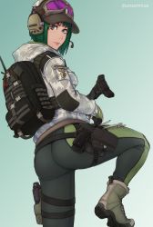 Rule 34 | 1girl, absurdres, ass, backpack, bag, baseball cap, blue eyes, boots, camouflage, ela (rainbow six siege), fingerless gloves, gloves, goggles, goggles on head, green gloves, green hair, gun, handgun, hat, headset, highres, holster, hood, hooded jacket, jacket, looking at viewer, looking back, military, pants, pantylines, rainbow six siege, short hair, solo, thigh holster, unsomnus, weapon