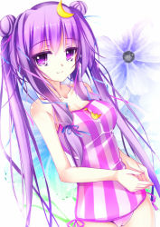 Rule 34 | 1girl, alternate costume, alternate hairstyle, blush, crescent, crescent hair ornament, double bun, hair bun, hair ornament, kouusagi, long hair, looking at viewer, one-piece swimsuit, patchouli knowledge, purple eyes, purple hair, smile, solo, striped clothes, striped one-piece swimsuit, swimsuit, touhou, vertical-striped clothes, vertical-striped one-piece swimsuit