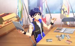 Rule 34 | 1boy, bandaid, bandaid on face, blue eyes, blue hair, chair, drawing (object), fingernails, highres, holding, idolmaster, idolmaster side-m, idolmaster side-m live on stage!, male focus, official art, open mouth, pencil, sitting, sleeves rolled up, sweatdrop, table, taiga takeru, zipper