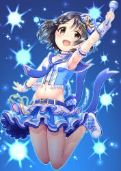 Rule 34 | 1girl, :d, arm up, armpits, belt, belt buckle, black hair, blue background, blue belt, blue shirt, blue skirt, blush, bow, breasts, brown eyes, buckle, hair between eyes, hair bow, hairband, high heels, highres, holding, holding microphone, idolmaster, idolmaster cinderella girls, layered skirt, microphone, navel, open mouth, plaid, plaid bow, pleated skirt, regular mow, sasaki chie, shirt, shoes, sidelocks, skirt, sleeveless, sleeveless shirt, small breasts, smile, solo, striped clothes, striped hairband, white footwear, wrist cuffs