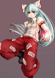 Rule 34 | 1girl, bad id, bad pixiv id, boots, bow, female focus, fujiwara no mokou, hair bow, long hair, red eyes, silver hair, simple background, solo, suspenders, touhou, wl-69