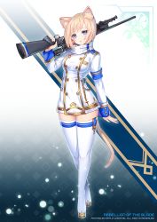 Rule 34 | 1girl, animal ears, apple caramel, arm up, artist name, blonde hair, blue eyes, bolt action, boots, cat ears, cat girl, cat tail, commentary request, dress, gold trim, gun, head tilt, highres, holding, holding gun, holding weapon, long sleeves, looking at viewer, original, over shoulder, parted lips, remington model 700, revision, rifle, scope, sniper rifle, solo, standing, tail, thigh boots, thighhighs, watermark, weapon, weapon over shoulder, weapon request, white dress, white footwear, white thighhighs