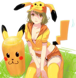 Rule 34 | 1girl, bad id, bad pixiv id, bandaid, blonde hair, breasts, cleavage, costume, creatures (company), game freak, gen 1 pokemon, hat, kouno (masao), nintendo, personification, pikachu, pokemon, short hair, shorts, simple background, solo, tail, thighhighs, white background, yellow eyes