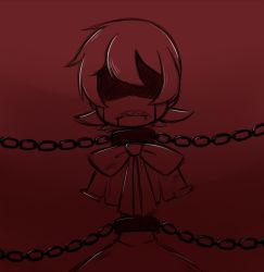 Rule 34 | 1girl, amputee, bad id, bad pixiv id, blood, bound, bow, capelet, chain, collar, dress, frown, gias-ex-machella, hidden eyes, monochrome, parted lips, peacock (skullgirls), red background, red theme, ribbon, shaded face, sharp teeth, short hair, simple background, skullgirls, solo, spot color, standing, teeth, tied up, torn clothes