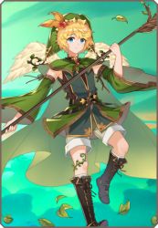 Rule 34 | androgynous, artist request, black footwear, blonde hair, blue eyes, boots, border, cape, capelet, cross-laced footwear, detached sleeves, elona, elona mobile, falling leaves, feathered wings, feet out of frame, flying, foot up, green cape, green capelet, green hat, green shorts, green theme, hair ornament, hand up, hat, holding, holding weapon, jester cap, knee boots, kneehighs, kumiromi of harvest, lace-up boots, leaf, leaf hair ornament, looking at viewer, lowres, male focus, official art, plant, short hair, shorts, socks, solo, standing, vines, weapon, white wings, wide sleeves, wings