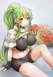 Rule 34 | 1girl, bike shorts, black gloves, blush, borrowed character, breasts, covered erect nipples, eating, fingerless gloves, gloves, green hair, highres, huge breasts, large breasts, long hair, midriff, original, ponytail, simple background, sitting, smile, solo, sumi-chan (sachito), taishi (artist), taishi (picchiridou), tomato, very long hair, yellow eyes