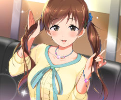 Rule 34 | 10s, 1girl, :d, alternate hairstyle, blurry, blush, bracelet, breasts, brown eyes, brown hair, collarbone, couch, depth of field, hair ornament, hair up, hands up, highres, holding, holding own hair, idolmaster, idolmaster cinderella girls, indoors, jewelry, light particles, long hair, long sleeves, looking at viewer, medium breasts, natsuya (natuya777), necklace, nitta minami, open mouth, smile, solo, sparkle, twintails, twintails day, upper body, wall