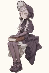 Rule 34 | 1girl, absurdres, bonnet, book on lap, bow, capelet, chin strap, closed mouth, commentary request, dress, elbow gloves, expressionless, footwear bow, frown, full body, gloves, gothic lolita, grey hair, half-closed eyes, highres, invisible chair, lolita fashion, looking ahead, mochi (mochi444420), pantyhose, petticoat, platform footwear, platform heels, purple capelet, purple dress, purple eyes, purple gloves, purple pantyhose, short hair with long locks, simple background, sitting, solo, strappy heels, vocaloid, voiceroid, white background, yuzuki yukari