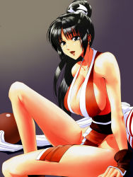 Rule 34 | 1girl, bad id, bad pixiv id, bare shoulders, black eyes, black hair, breasts, cleavage, fatal fury, fingerless gloves, fujimaruu, gloves, highres, japanese clothes, large breasts, legs, lips, long hair, ninja, no bra, no panties, open mouth, pelvic curtain, ponytail, shiranui mai, side slit, sideboob, sitting, snk, solo, the king of fighters