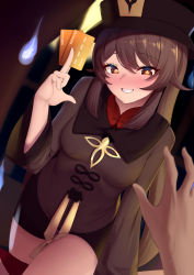 Rule 34 | 1girl, black coat, black hat, black shorts, blush, breasts, brown hair, card, coat, coattails, genshin impact, grin, hat, highres, hu tao (genshin impact), long hair, long sleeves, looking at viewer, red eyes, shorts, small breasts, smile, solo, symbol-shaped pupils, thighs, twintails, very long hair