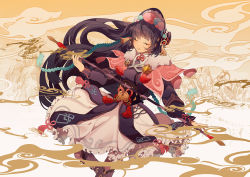 Rule 34 | 1girl, black hair, chinese clothes, closed eyes, closed mouth, eyebrows hidden by hair, genshin impact, hair ornament, hat, holding, holding polearm, holding weapon, lance, lolita fashion, mono (freerotary), polearm, qi lolita, ribbon, skirt, smile, solo, weapon, yun jin (genshin impact)
