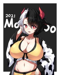 Rule 34 | 1girl, animal ears, animal print, bad id, bad pixiv id, black background, black hair, blush, breasts, bright pupils, cleavage, cow ears, cow horns, cow print, haori, highres, horns, huge breasts, japanese clothes, looking at viewer, midriff, multicolored hair, navel, red eyes, short hair, simple background, smile, solo, split-color hair, sweat, touhou, two-tone hair, ushizaki urumi, welchsbinn, white hair