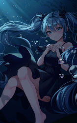 Rule 34 | 1girl, absurdres, air bubble, bare legs, barefoot, black dress, blue eyes, blue hair, blush, bubble, dress, earrings, fingers together, floating, hatsune miku, highres, jewelry, long hair, shinkai shoujo (vocaloid), twintails, u-ni (artuni), underwater, vocaloid