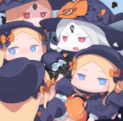Rule 34 | 1boy, 6+girls, :d, abigail williams (fate), abigail williams (second ascension) (fate), abigail williams (third ascension) (fate), black bow, black dress, black hair, black hat, blonde hair, bloomers, blue eyes, blush, bow, bug, butterfly, chibi, colored skin, commentary request, dress, facing away, fate/grand order, fate (series), forehead, fujimaru ritsuka (female), fujimaru ritsuka (male), hair bow, hat, highres, insect, keyhole, long hair, long sleeves, multiple girls, multiple persona, open mouth, orange bow, parted bangs, polka dot, polka dot bow, red eyes, silver hair, sleeves past fingers, sleeves past wrists, smile, underwear, usuaji, v-shaped eyebrows, very long hair, white bloomers, white skin, witch hat