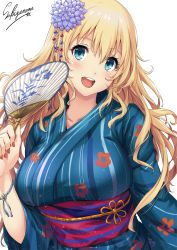 Rule 34 | 1girl, :d, alternate costume, artist name, atago (kancolle), blonde hair, blue eyes, blue kimono, blush, breasts, collarbone, floral print, flower, hair flower, hair ornament, hand fan, japanese clothes, kantai collection, kimono, large breasts, long hair, looking at viewer, nail polish, obi, open mouth, outdoors, paper fan, red nails, sakiyamama, sash, simple background, smile, solo, white background, wide sleeves, yukata