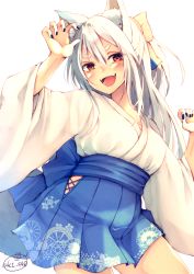 Rule 34 | 1girl, :d, animal ear fluff, animal ears, arm up, blue bow, blue hakama, blue nails, blush, bow, breasts, chita (ketchup), commentary request, fangs, fingernails, fox ears, fox girl, fox tail, hair between eyes, hair bow, hakama, hakama short skirt, hakama skirt, head tilt, highres, japanese clothes, kimono, long hair, looking at viewer, medium breasts, nail polish, open mouth, original, red eyes, short kimono, signature, silver hair, skirt, smile, solo, tail, thick eyebrows, very long hair, white kimono