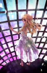 Rule 34 | 1girl, ameiro, bad id, bad pixiv id, bare arms, bare shoulders, barefoot, blonde hair, blue eyes, blush, bow, closed mouth, dress, female focus, from behind, full body, gradient background, long hair, looking back, original, school uniform, shoulder blades, sleeveless, sleeveless dress, smile, solo, standing, white bow, white dress, window