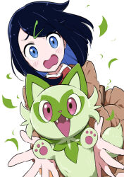 Rule 34 | 1girl, black hair, blue eyes, blush, bow, bowtie, brown jacket, brown skirt, commentary request, creatures (company), falling leaves, game freak, hair ornament, hairclip, jacket, leaf, liko (pokemon), nintendo, open mouth, pokemon, pokemon (anime), pokemon (creature), pokemon horizons, raised eyebrows, red bow, red bowtie, risumai, shirt, simple background, skirt, spread fingers, sprigatito, tongue, white background, white shirt