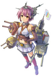 Rule 34 | 1girl, book, cosplay, fingerless gloves, gloves, headgear, kantai collection, knife, magenta (atyana), nagato (kancolle) (cosplay), nagato (kancolle), nagato yuki, name connection, personification, purple hair, short hair, solo, suzumiya haruhi no yuuutsu, thighhighs, yellow eyes