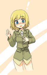Rule 34 | !, 1girl, :o, blonde hair, blue eyes, blush, cropped legs, highres, jane t. godfrey, long sleeves, makaze (t-junction), necktie, open mouth, short hair, solo, strike witches, strike witches: kurenai no majo-tachi, sweatdrop, twitter username, world witches series