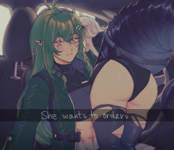 Rule 34 | 2girls, abs, arknights, ass, black thighhighs, english text, fake phone screenshot, fake screenshot, gavial (arknights), green hair, he wants to order (meme), kagewaka, meme, midriff, multiple girls, pointy ears, snapchat, tail, thighhighs, tomimi (arknights), torn clothes, torn thighhighs
