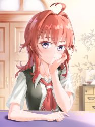 Rule 34 | 1girl, absurdres, ahoge, arashi (kancolle), black vest, commentary request, common2012, door, drawer, dress shirt, grey eyes, highres, indoors, kantai collection, looking at viewer, neckerchief, red hair, red neckerchief, shirt, solo, table, upper body, vest, white shirt
