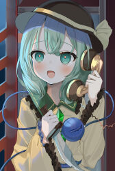 Rule 34 | 1girl, absurdres, black hat, blush, bow, buttons, commentary request, corded phone, diamond button, eyeball, frilled shirt collar, frilled sleeves, frills, green eyes, green hair, hat, hat bow, highres, holding, holding knife, holding phone, knife, komeiji koishi, long sleeves, medium hair, okome2028, open mouth, phone, shirt, smile, solo, third eye, touhou, wide sleeves, yellow bow, yellow shirt