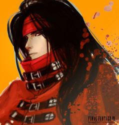 Rule 34 | 1990s (style), 1boy, black hair, cape, copyright name, final fantasy, final fantasy vii, headband, j (onose1213), long hair, male focus, realistic, red eyes, solo, vincent valentine