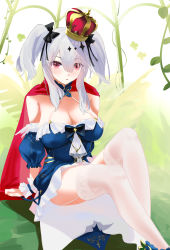 Rule 34 | 1girl, absurdres, azur lane, black bow, black bowtie, blue dress, bow, bowtie, breasts, cape, crown, detached sleeves, dress, feet out of frame, garter straps, grey hair, hair between eyes, hair bow, highres, joffre (azur lane), joffre (ensorcelled snow white) (azur lane), lace, lace-trimmed legwear, lace trim, large breasts, long hair, looking at viewer, mini crown, official alternate costume, puffy short sleeves, puffy sleeves, purple eyes, ram (404272725), red cape, short sleeves, sitting, thighhighs, twintails, white garter straps, white thighhighs