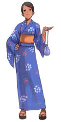 Rule 34 | 00s, 1girl, androgynous, blue kimono, dark-skinned female, dark skin, fate/stay night, fate (series), full body, hair ornament, hairclip, hand on own hip, japanese clothes, kimono, makidera kaede, pouch, sandals, short hair, simple background, sketch, solo, standing, tomboy, yu 65026, yukata