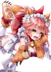 Rule 34 | 1girl, animal ears, animal hands, bell, bonnet, bow, breasts, cat, cat day, claws, cleavage, collar, commentary request, dress, fangs, fate/grand order, fate (series), hair between eyes, hane yuki, highres, long hair, looking at viewer, lying, on stomach, open mouth, purple dress, red bow, red collar, red hair, revision, short sleeves, simple background, tamamo (fate), tamamo cat (fate), tamamo cat (third ascension) (fate), yellow eyes