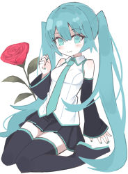 Rule 34 | 1girl, aqua eyes, aqua hair, aqua nails, aqua necktie, bare shoulders, black skirt, black sleeves, black thighhighs, blush, boots, commentary, detached sleeves, flower, hand up, happy cream, hatsune miku, highres, long hair, looking at viewer, miniskirt, nail polish, necktie, pleated skirt, red flower, red rose, rose, shirt, shoulder blush, sitting, skirt, sleeveless, sleeveless shirt, solo, thigh boots, thighhighs, twintails, very long hair, vocaloid, wariza, white background, white shirt, zettai ryouiki