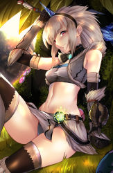 Rule 34 | 1girl, arm support, arm up, bandeau, bare shoulders, belt, black gloves, black thighhighs, breasts, closed mouth, elbow gloves, female focus, forest, fur trim, gloves, hairband, highres, holding, holding sword, holding weapon, horns, kirin (armor), knee up, loincloth, long hair, looking at viewer, medium breasts, midriff, mole, mole under eye, monster hunter, monster hunter: world, monster hunter (series), nature, navel, on grass, outdoors, red eyes, shumiao, single horn, sitting, smile, solo, spread legs, strapless, sword, thighhighs, thighs, tube top, weapon, white hair